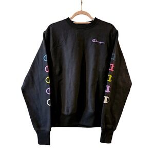 Champion Reverse Weave Sweatshirt Black Multi Color Logo GF569 Mens S